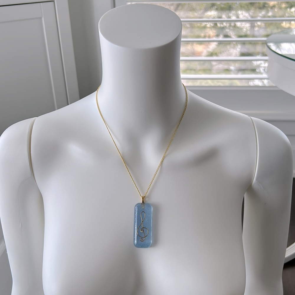 Handmade Necklace Pendant Charm, Jewellery Music Treble Clef, Blue Sparkle Jewel